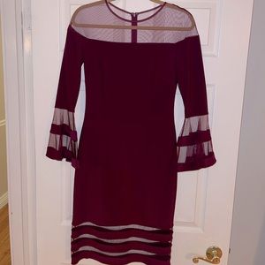 Burgundy Bodycon cocktail dress with sheer mesh cutouts